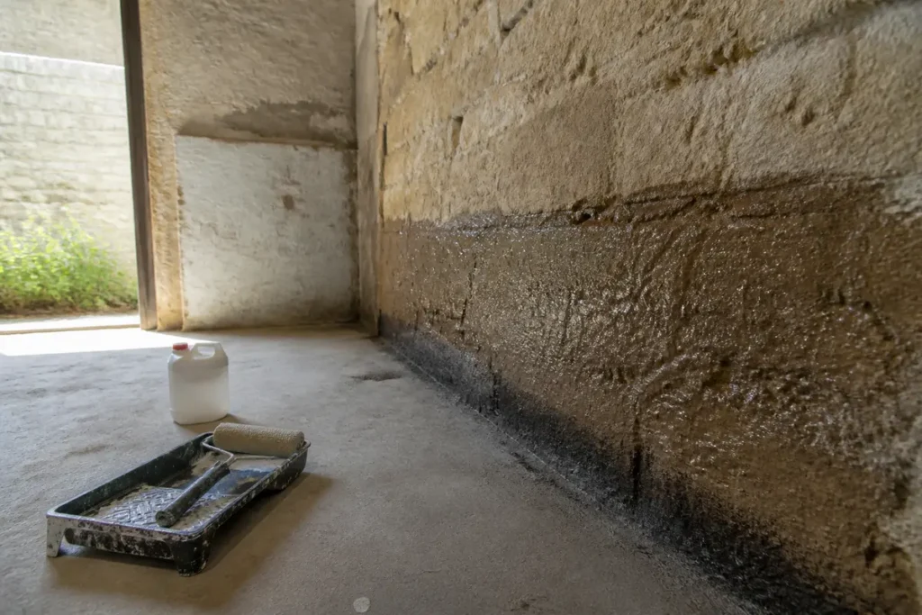 Mur avec traces d'humidité traité par Aquitaine Travaux Rénovation et rouleau de peinture
